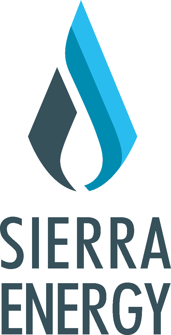 This is the Sierra Energy company logo, not a chart or data figure. It features a stylized flame or teardrop shape rendered in two colors—a dark slate gray/teal on the left portion and a bright cyan b