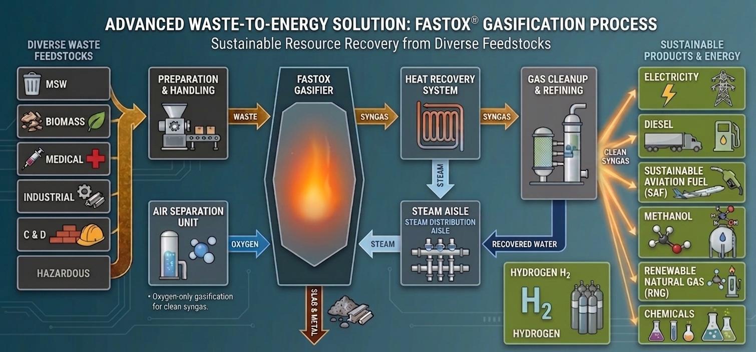 This process flow diagram illustrates Sierra Energy's FastOx® gasification waste-to-energy system, showing how diverse waste feedstocks (MSW, biomass, medical, industrial, C&D, and hazardous waste) ar